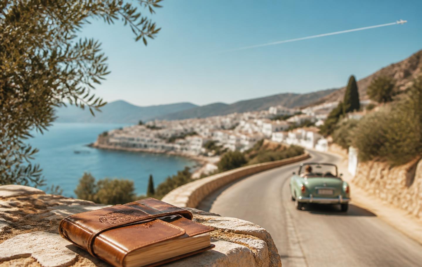 A sun-drenched Mediterranean coastal road with a vintage travel journal and distant whitewashed town